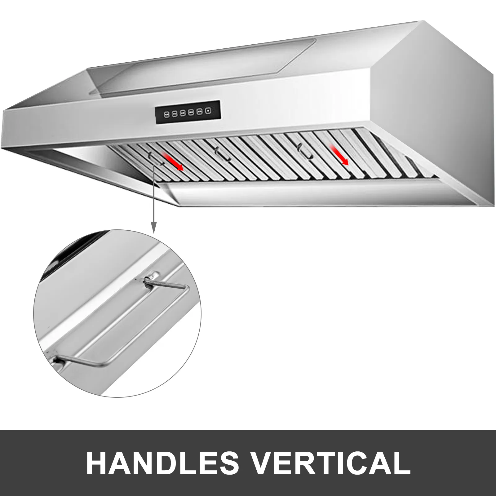 VEVOR hood filters with handles positioned vertically under a stainless steel hood.